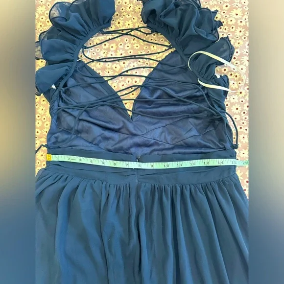 Lulus Maxi Dress Navy Blue Ruffled Lace-Up Soiree Celebration Formal Dress NWOT - Picture 7 of 10